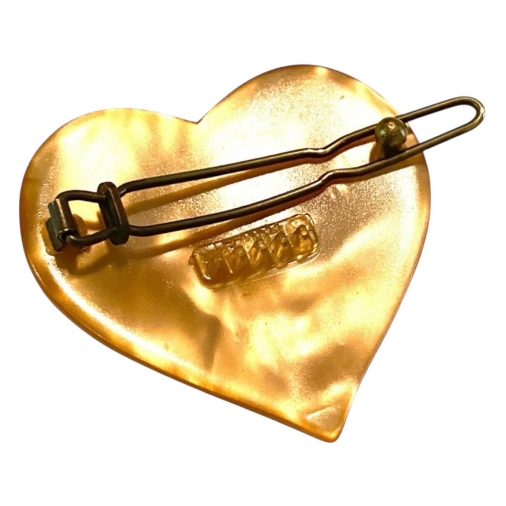Vintage French Pearlescent Yellow Heart Barrette - Picture 2 of 3